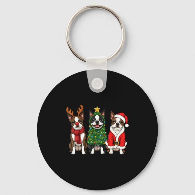 Retro Christmas Boston Terrier Santa Reindeer Dog  Nyckelring (Framsida)