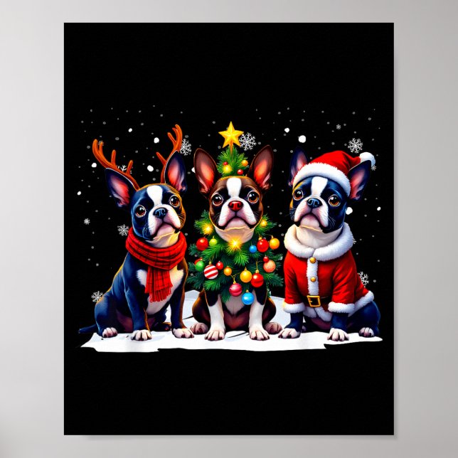 Retro Christmas Boston Terrier Santa Reindeer Dog  Poster (Framsidan)