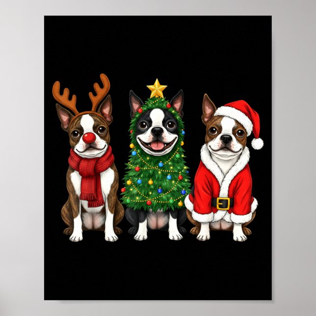 Retro Christmas Boston Terrier Santa Reindeer Dog  Poster (Framsidan)