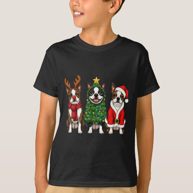 Retro Christmas Boston Terrier Santa Reindeer Dog  T Shirt (Framsida)