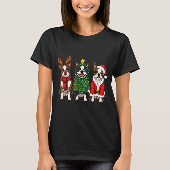 Retro Christmas Boston Terrier Santa Reindeer Dog  T Shirt (Framsida)