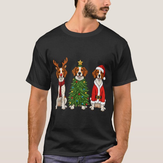 Retro Christmas Brittany Spaniel Santa Reindeer Do T Shirt (Framsida)
