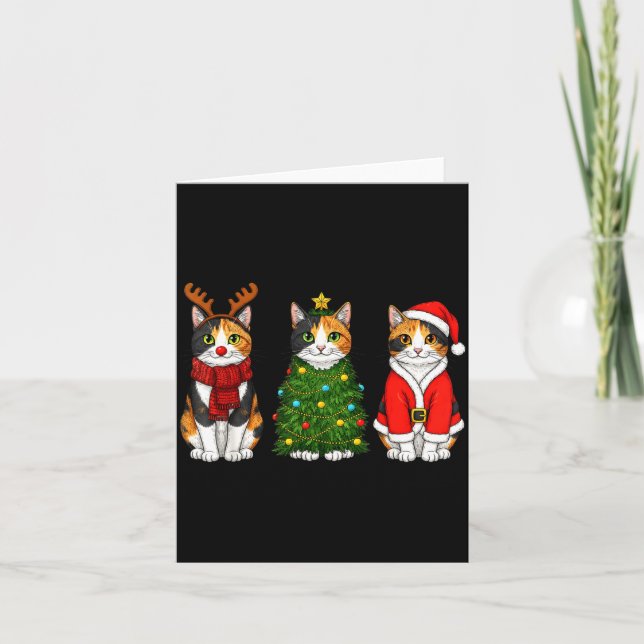 Retro Christmas Calico Cat Santa Reindeer  Kort (Framsida)
