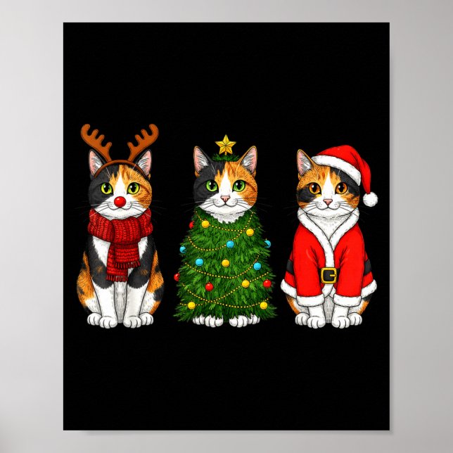 Retro Christmas Calico Cat Santa Reindeer  Poster (Framsidan)