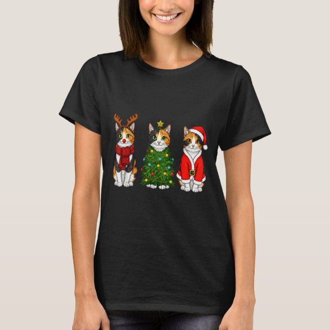 Retro Christmas Calico Cat Santa Reindeer  T Shirt (Framsida)