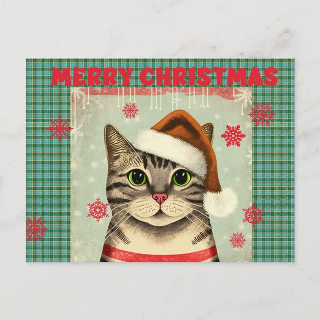 Retro Christmas Cat Merry Christmas postcard Vykort (Framsida)