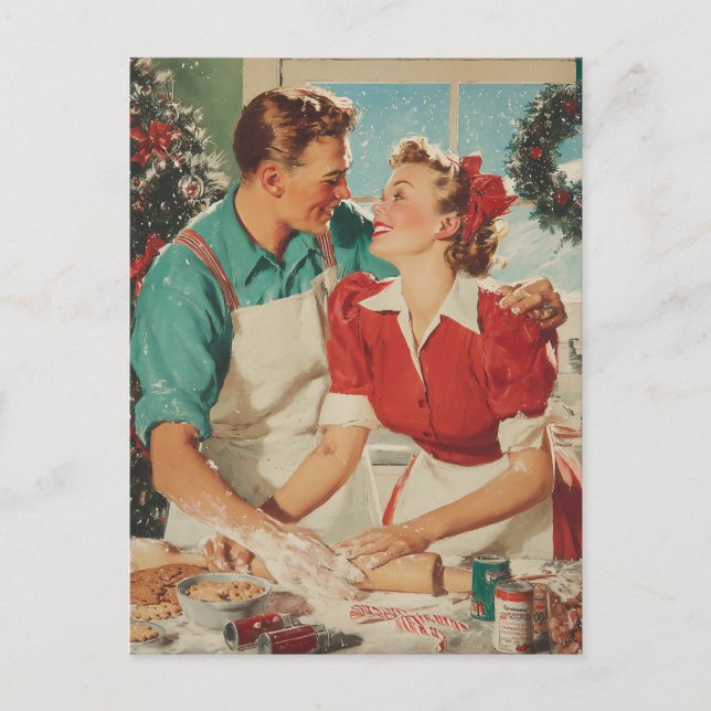 Retro Christmas Couple Baking Love Helg Vykort (Framsida)