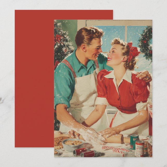 Retro Christmas Couple Baking Love Kort (Fram/baksida)
