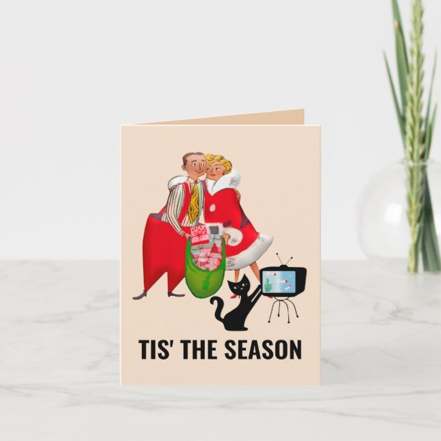 RETRO CHRISTMAS COUPLE & CAT GREETING Card Helgkort (Framsida)