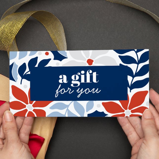 RETRO CHRISTMAS FLOWERS RED BLUE SILVER SPECIELL (HOLIDAY CHRISTMAS THEMED GIFT CARD OR VOUCHER CARD IN BLUE GRAY AND RED.)