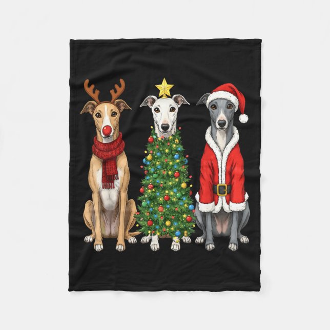 Retro Christmas Ghound Santa Reindeer Dog Lover  Fleecefilt (Framsidan)