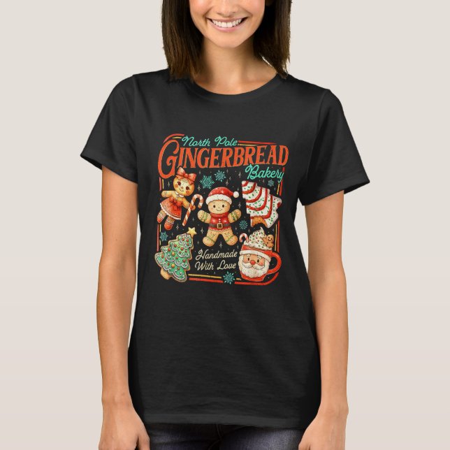 Retro Christmas Gingerbread Bakery North Le Cookie T Shirt (Framsida)