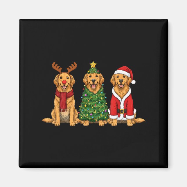 Retro Christmas Golden Retriever Santa Reindeer Do Magnet (Framsidan)
