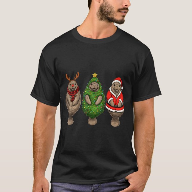 Retro Christmas Manatee Santa Reindeer  T Shirt (Framsida)