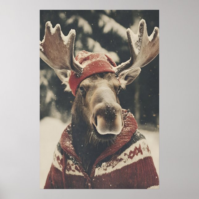 Retro Christmas Moose Art Print, Holiday Wall Poster (Framsidan)