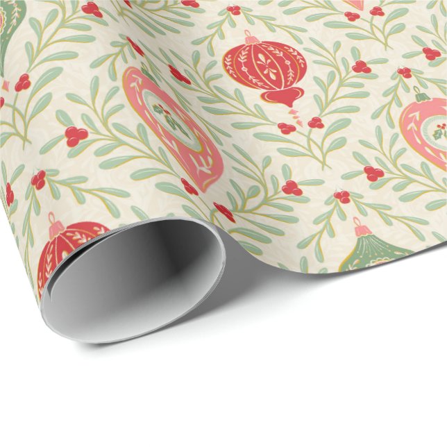 Retro Christmas Ornament Pink, Red, Green Paper Presentpapper (Rullad Hörn)