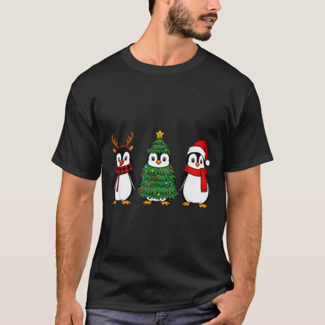 Retro Christmas Penguin Santa Reindeer  T Shirt (Framsida)