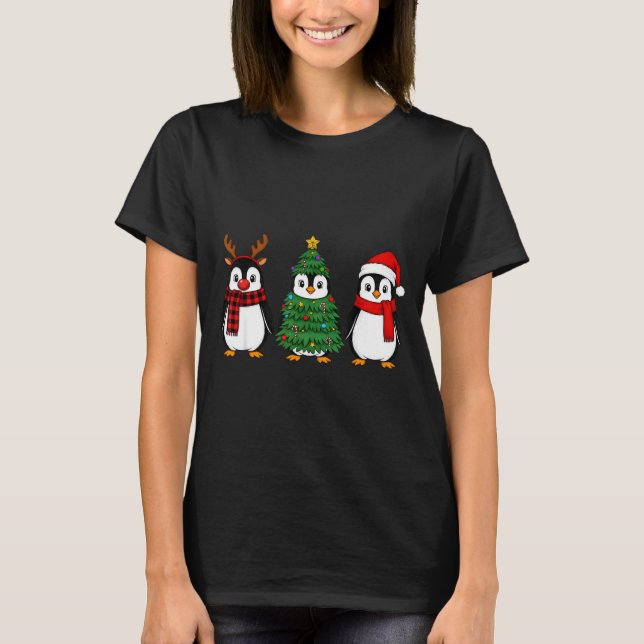 Retro Christmas Penguin Santa Reindeer  T Shirt (Framsida)