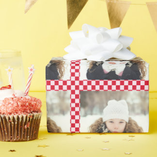 Retro Christmas Photo Collage Checkerboard Red Presentpapper