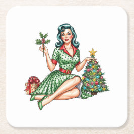 Retro Christmas Pin-Up Paper Coaster Underlägg Papper Kvadrat
