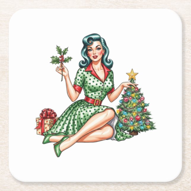 Retro Christmas Pin-Up Paper Coaster Underlägg Papper Kvadrat (Framsidan)