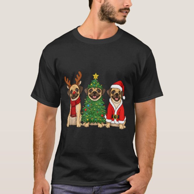 Retro Christmas Puggle Santa Reindeer Dog Lover  T Shirt (Framsida)