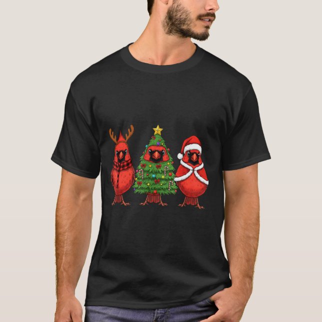 Retro Christmas Red Cardinal Bird Santa Reindeer  T Shirt (Framsida)