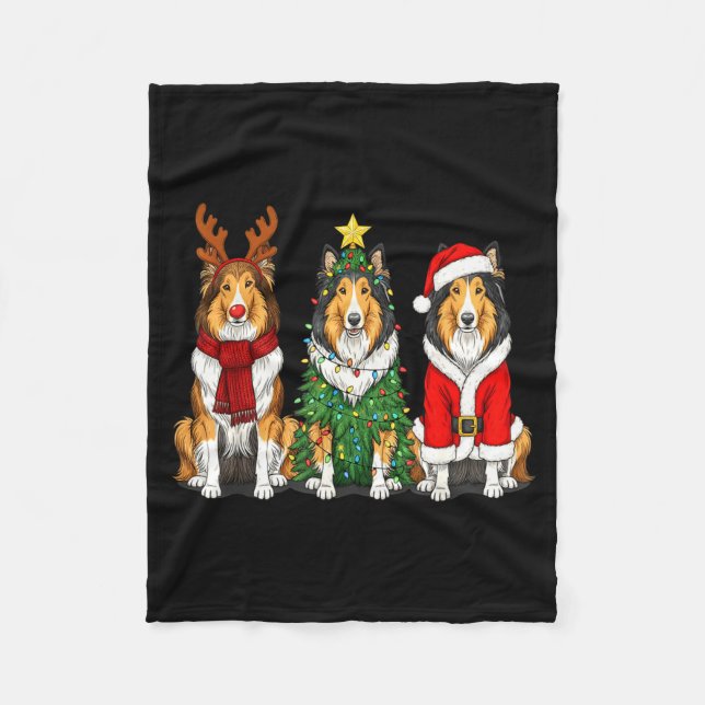 Retro Christmas Rough Collie Santa Reindeer Dog Lo Fleecefilt (Framsidan)