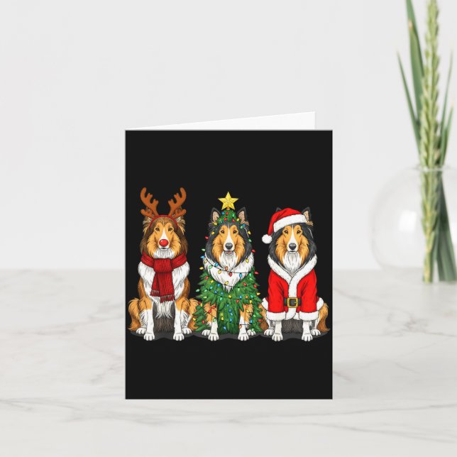 Retro Christmas Rough Collie Santa Reindeer Dog Lo Kort (Framsida)