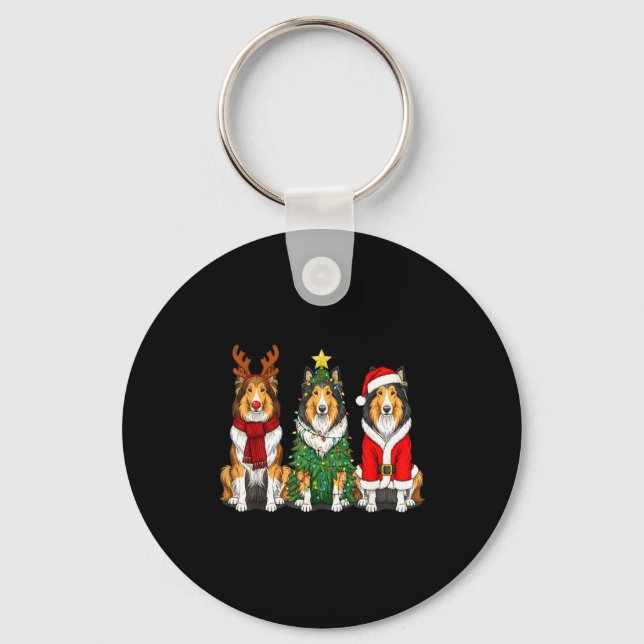 Retro Christmas Rough Collie Santa Reindeer Dog Lo Nyckelring (Framsida)
