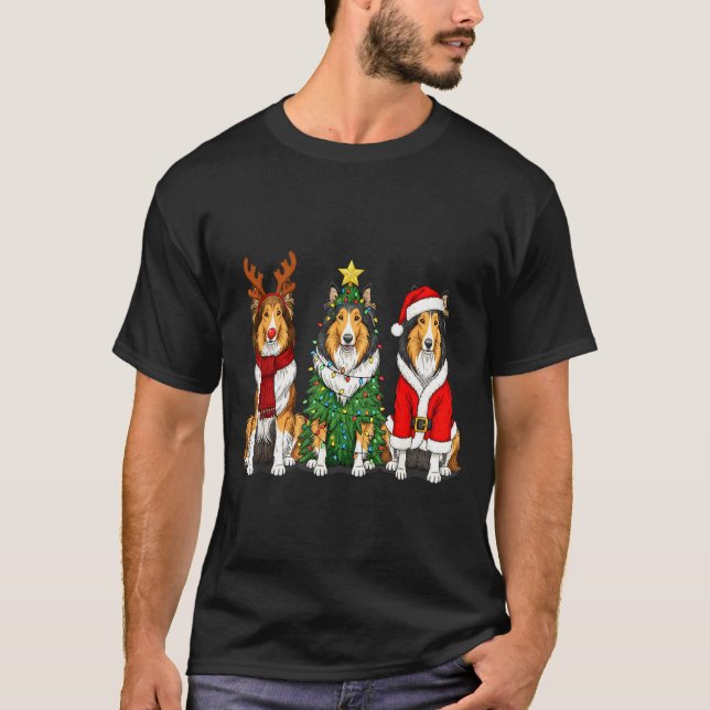 Retro Christmas Rough Collie Santa Reindeer Dog Lo T Shirt (Framsida)