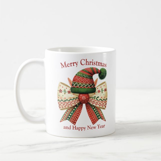 Retro Christmas rustic bow with elves hat Kaffemugg (Vänster)