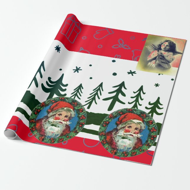 RETRO CHRISTMAS SANTA & ANGEL Wrapping Papper Presentpapper (Utrullad)