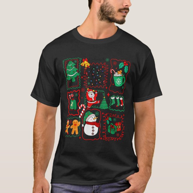 Retro Christmas Santa Claus Cocoa Xmas Tree Snowma T Shirt (Framsida)