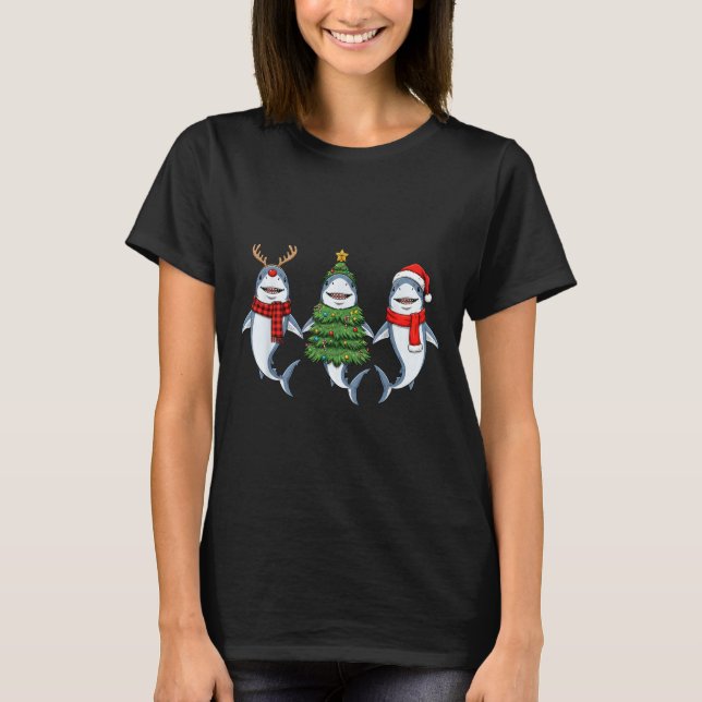 Retro Christmas Shark Santa Reindeer  T Shirt (Framsida)