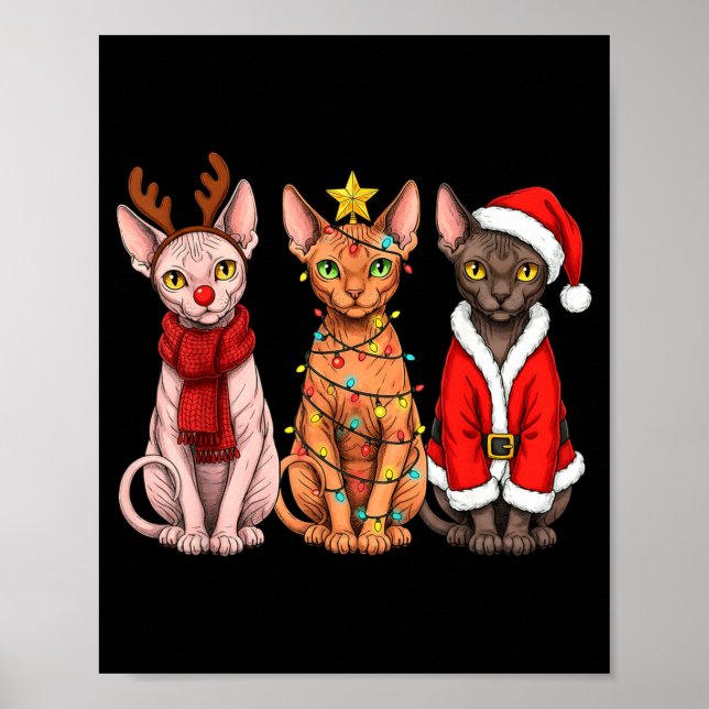 Retro Christmas Sphynx Cat Santa Reindeer  Poster (Framsidan)