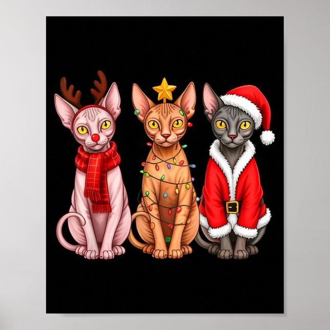 Retro Christmas Sphynx Cat Santa Reindeer  Poster (Framsidan)