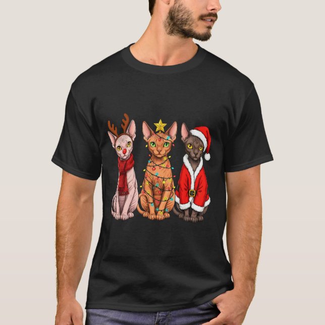 Retro Christmas Sphynx Cat Santa Reindeer  T Shirt (Framsida)