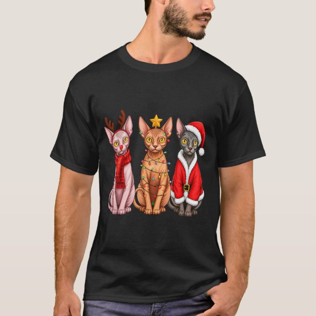 Retro Christmas Sphynx Cat Santa Reindeer  T Shirt (Framsida)