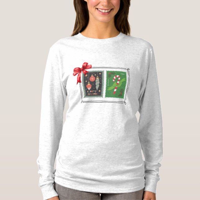 Retro Christmas Stamps Long Sleeve T-Shirt (Framsida)