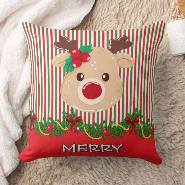 Retro Christmas Stripe Pattern & Reindeer Custom Kudde (Filt)