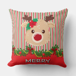 Retro Christmas Stripe Pattern & Reindeer Custom Kudde