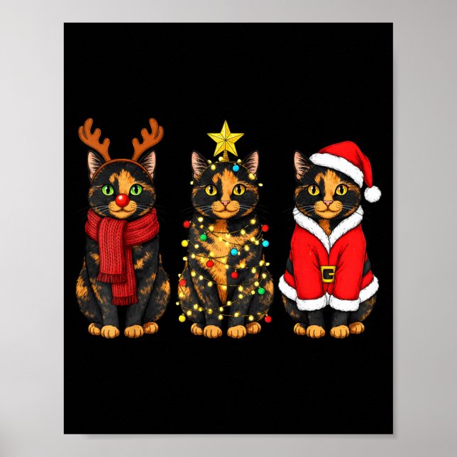 Retro Christmas Tortoiseshell Cat Santa Reindeer  Poster (Framsidan)