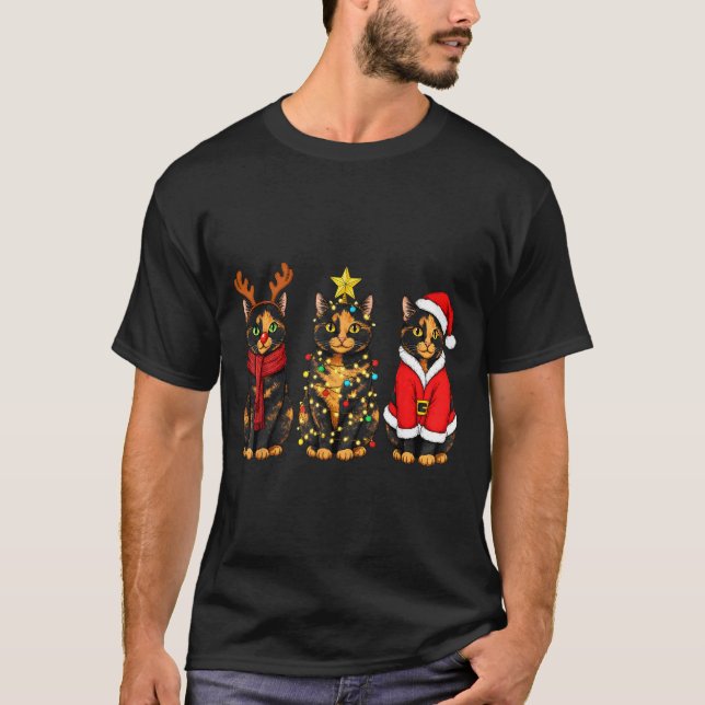 Retro Christmas Tortoiseshell Cat Santa Reindeer  T Shirt (Framsida)