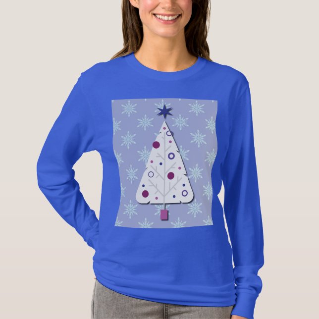 Retro Christmas Tree and Snowflakes Art on T-Shirt (Framsida)