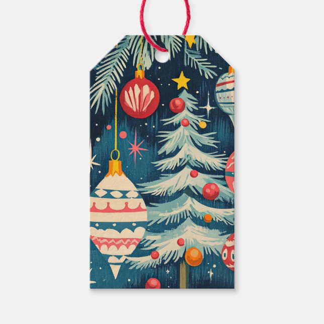 Retro Christmas Trees Ornaments Presentetikett (Framsidan)