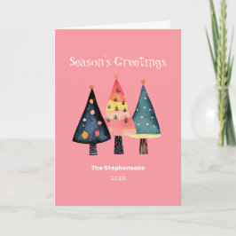 Retro Christmas Trees Pink Folded Holiday Card Helgkort