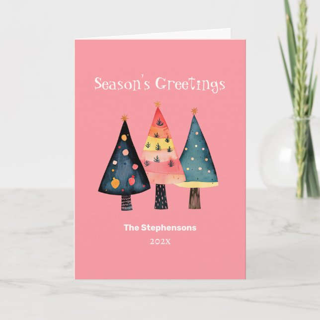 Retro Christmas Trees Pink Folded Holiday Card Helgkort (Framsida)