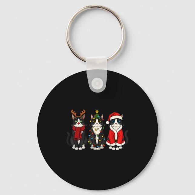 Retro Christmas Tuxedo Cat Santa Reindeer  Nyckelring (Framsida)