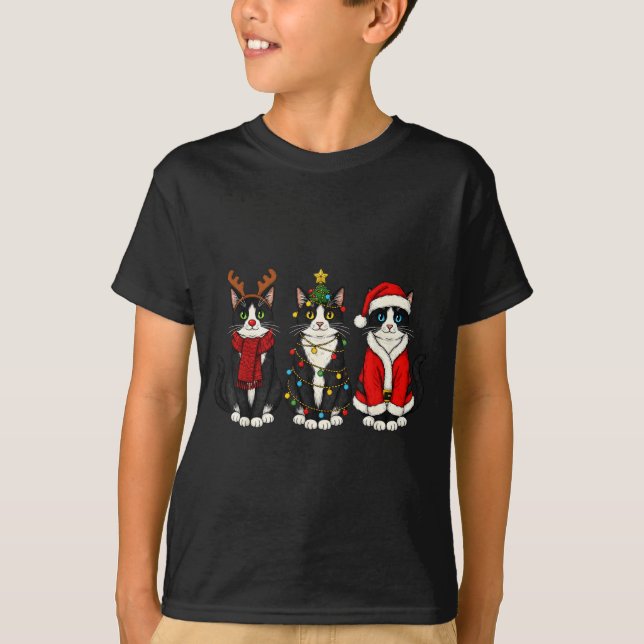 Retro Christmas Tuxedo Cat Santa Reindeer  T Shirt (Framsida)